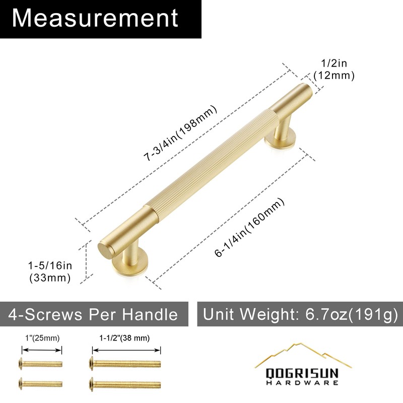 QOGRISUN 5-Pack Solid Brass Cabinet Pulls, Modern Gold Bar Handles,
