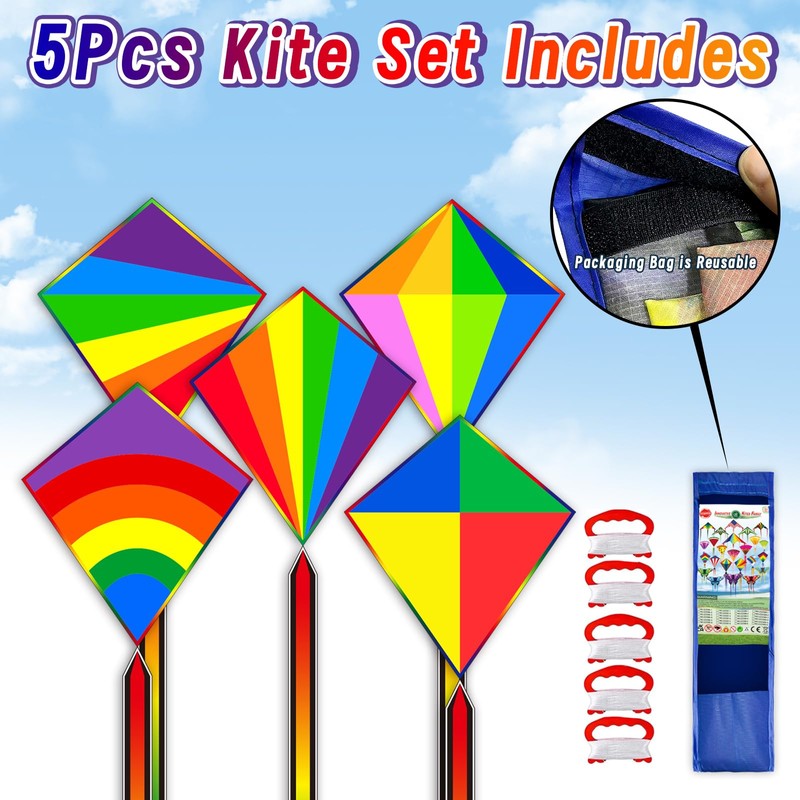 QUANA 5 Pack Kites for Kids and Adults, Diamond Kites