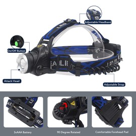 TotaLohan 4 in 1 Multicolor Headlamp 800 Lumen Zoomable One Mode White Red Green Blue Light, Hunting Headlight