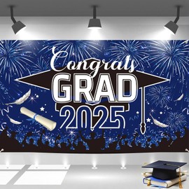 Graduation Banner, Graduation Decorations 2025, Blue Black Banner Graduation, Large Blue Graduation Sign Backdrop Banner, 2025 Graduation Party Decorations for Door Porch Sign Indoor Outdoor 180*110cm