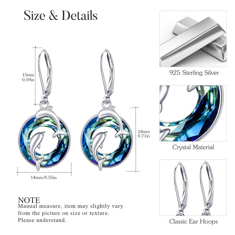 Graduation Present Crystal Dolphin Earrings,S925 Sterling Silver Double Dolphin Dangle
