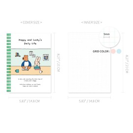 Monolike Happy and Lucky Grid Spiral Notebook, Study time - Hardcover 5.83 x 8.27inch 128 Page