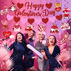 Galentine's Day Decorations, Glitter Happy Galentine’s Day Banner Heart Garland Galentine’s Day Hanging Swirls Galentine’s Day Hanging Decor for Girls Ladies Galentines Valentines Party Decor