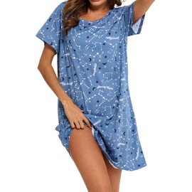 MIA LUCCE Women's Short Sleeve Nightdress with Cute Prints with Crew Neck, Blue Star