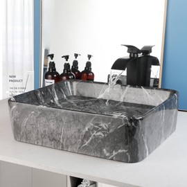 GLOBAOSALU Bathroom Marble Vessel Sink With Faucet and Drain, 19"x15" Rectangular Vessel Sink Black Marble Bathroom Sink Above Counter Bowl Sinks for Bathrooms Modern Black Ceramic Vessel Sink