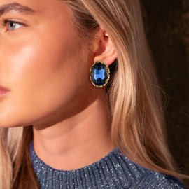 EVER FAITH Vintage Blue Oval Stud Earrings, Fashion Art Deco Large Statement Rhinestone Crystal Omega Back Earrings for Women