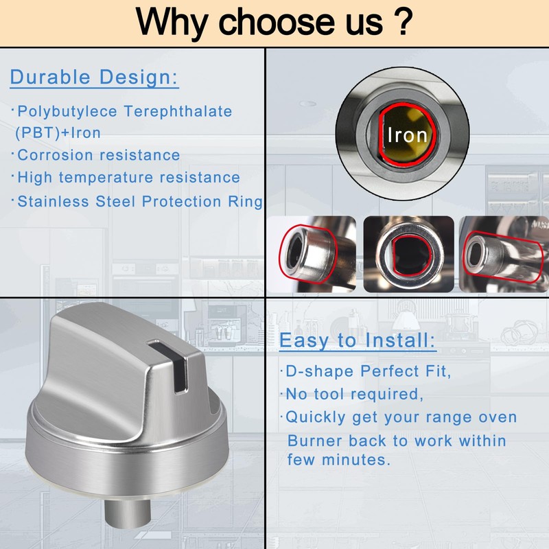 TURNEGOO Upgrade WB03X29354 Stove Knobs Replacements, Reinforced Stainless Steel Protection