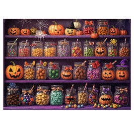 Rompecabezas de 1000 piezas con estante de caramelos de Halloween para adultos, desafiantes tarros de caramelos coloridos rompecabezas con calabazas, telarañas, sombreros de bruja, divertido