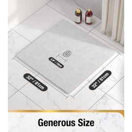 HITSLAM Square Shower Mat, 32 x 32 Inch Non Slip Bath Mat for Tub, Soft PVC Loofah Bathtub Mats with Drain Holes, Quick Drying Bathroom Stall Floor Mat, Bathroom Accessories Without Suction Cup, White