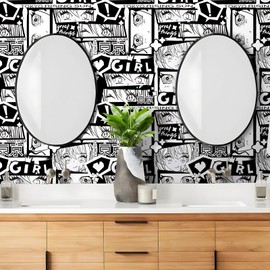 Livelynine Anime Wallpaper Peel and Stick Japanese Black & White Wall Paper for Bedroom Teen Room Removable Black N White Contact Paper for Cabinets Drawers Girl Girls Locker College Dorm 17.5x78.8"