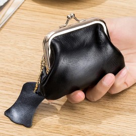 Plinvo Retro Leather Wallet Mini Coin Purse Vintage for Men and Women Genuine Leather Change Bag with Kiss Lock Black (Black)