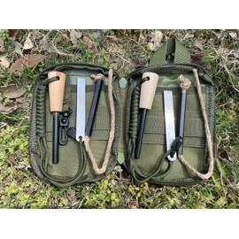 OTXEER Flint and Steel Fire Starter Kit, Ferro Rods Magnesium Fire Starter Survival Tool Camping Emergency Fire Lightning Striker, Tinder Wick Rope, Multifunctional Outdoor Bag(Green - More)