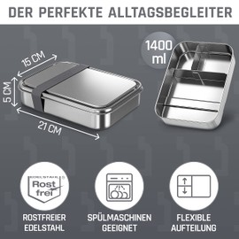 boddels Stainless Steel Lunch Box with Compartments, 1,400 ml, Includes Flexible Divider, Children's Lunch Box with Dividers, Lunch Box for Nursery, School, Work, Children's Lunch Box with