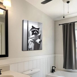 Funny Bathroom Wall Art, Black and White Raccoon Canvas Wall Decor, Adorable Humor Bathroom Animal Decor Picture Paintings Prints, Cute Bathroom Toilet Signs 12x16 inch Framed