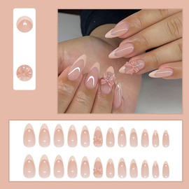 24Pcs Pink French Tip Press on Nails Medium Almond Shaped Fake Nails Cute Bow Charm Design Glue on Nails Reusable Acrylic False Nails Nude Pink Stick on Nails for Women Girls French Stiletto Manicure