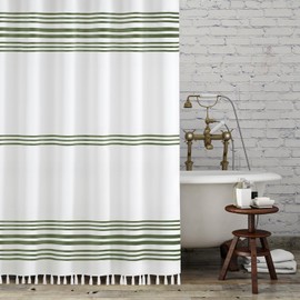 Seasonwood Sage Green Shower Curtain Boho Stripe Shower Curtains with Tassel Farmhouse Shower Curtain for Bathroom 72 X 72 Inches