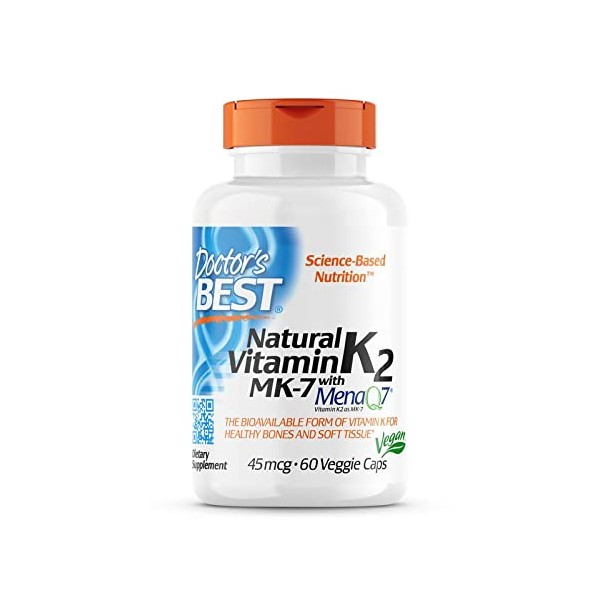Doctor's Best, Natural Vitamin K2, MK-7 with MenaQ-7, 45mcg, 60 Vegan Capsules, Lab Tested, Gluten Free, SOYA Free, Vegetarian