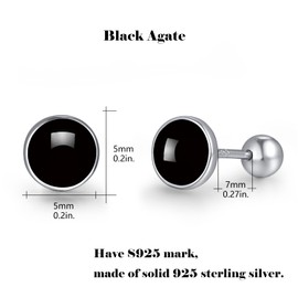 TANGPOET Black Onyx Earrings Stud for Women Sterling Silver Round Screw Twist Back Earrings Hypoallergenic Earring for Sensitive Ear Jewelry Gift for Her Mom Daughter