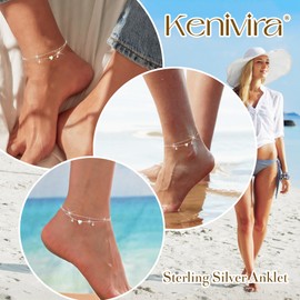 Kenivira Sterling Silver Ankle Bracelets for Women Dainty,S925 Layered Waterproof CZ Heart Charm Anklets for Women Adjustable, Stackable Chain Anklet Set Cute Summer Beach Jewelry Plus Size