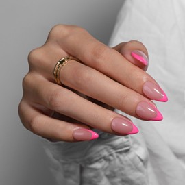 KQueenest Hot Pink French Tip Press On Nails Short Almond, 30 Pcs Acrylic Press On Nails With Glue, Glossy Soft Gel Short Fake Nails Press ons, Reusable Natural Nude Glue on Nails for Women Summer