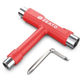 Zeato All-In-One Skate Tools Multi-function Portable Skateboard T Tool Accessory with T-type Allen Key and L-type Phillips Head Wrench Screwdriver - Red