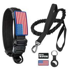 Tactical Dog Collar and Bungee Leash,Military Dog Collar & Leash Set with USA American Flag Adjustable K9 Collar with Heavy Duty Metal Buckle & Handle,with Patches and Airtags Case (L, Black)