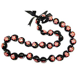Hawaiian Graduation Luau Hula Black Kukui Nut w/ Pink Hibiscus 32" Lei Necklace