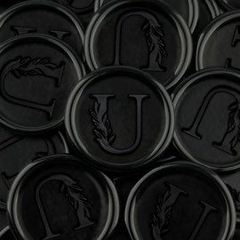 100 pegatinas de cera negra hechas a mano con hojas botánicas clásico adhesivas de cera para invitaciones de boda, fiesta, sobre, papel de regalo, Navidad (inicial U, negro máx)