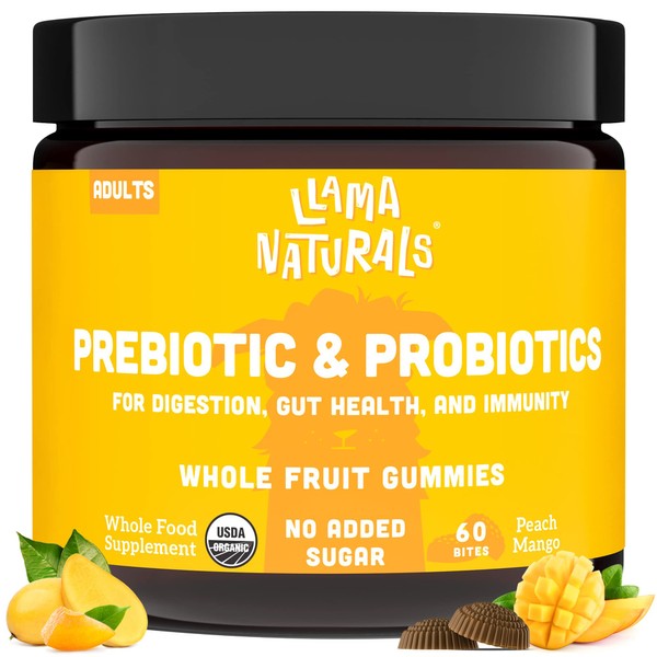 Whole Fruit Prebiotic and Probiotic Gummies for Adults - No Added Sugar Prebiotics and Probiotics for Women Gummies - 5 Billion CFU Vegan Organic Probiotics for Men - 60 Count (30 Days) (Peach Mango)
