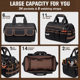 16.5-Inch Heavy Duty Tool Bags for Men, 34-Pockets Large Tool Bag with Adjustable Shoulder Strap, Portable Tool Bag Organizer for Electricians Mechanics Carpenters Construction Workers HVAC