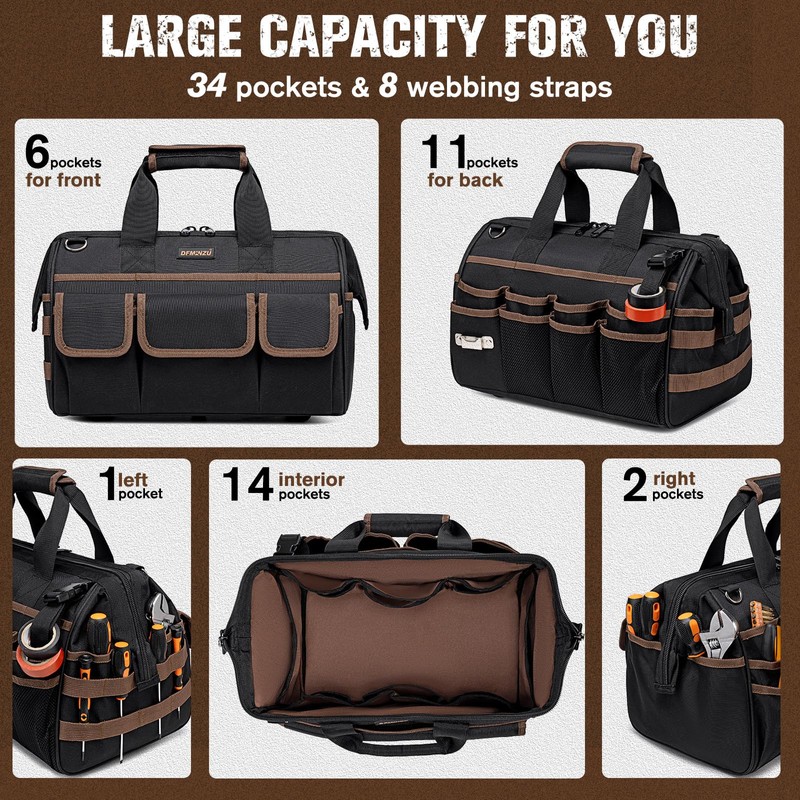 16.5-Inch Heavy Duty Tool Bags for Men, 34-Pockets Large Tool
