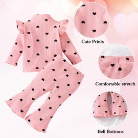 Kunyeah Baby Girl Clothes Bell Bottoms Outfit Infant Ribbed Knit Long Sleeve Top Heart Print Pant Newborn Autumn Winter Outfit, pink
