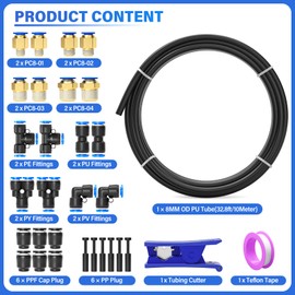 TAILONZ PNEUMATIC Black 8MM or 5/16 Inch OD 10 Meter 32.8ft PU Polyurethane Air Tubing Kit Pipe Hose Air Line Tubing Air Hose Fittings Push to Connect Fittings(31PCS)