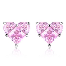 Heart Pink Earrings，Stud Earrings for Women Hypoallergenic (Patchwork Design) ，18K Gold Plated 925 Sterling Silver Earrings、Birthday Earrings、Earrings for Women Trendy, Sterling Silver, Cubic Zirconia