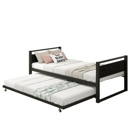 HAHRIR Twin Bed Frame with Wooden Headboard, Metal Daybed with Trundle，Easy Roll in-Out Trundle Bed，Saving Space Metal Sofa Bed Frame for Living Room, Bedroom, Apartment (Black)