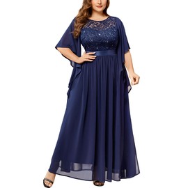 Miusol Women's Plus Size Sequin Lace with Ruffle Cape Cloak Sleeves Elegant Evening Wedding Party Maxi Dress A-Navy Blue