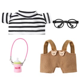 HAHIHIT 4-Piece Doll Clothes Set (No Doll), Fashion Doll Overalls Compatible with Standard 6" Vinyl Figures, Including Bottle and Glasses Accessories, White&Black Stripes(15-17cm)
