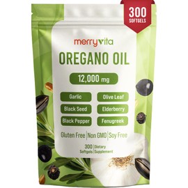 MERRY VITA Oil of Oregano with Black Seed Oil– Oregano Oil Capsules Organic, High Carvacrol – Aceite de Orégano Cápsulas, Immune Support Supplement – Non-GMO - 300 Softgels