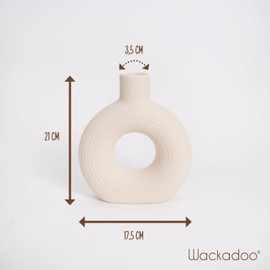 WACKADOO Vase for Pampas Grass Flowers, White Ceramic Doughnut Vase, White Vase, Round Shape, Modern Dried Flower Vases for Living Room, Office Decoration, Vase Beige Ceramic 21 x 17.5 cm