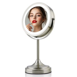 OVENTE 7" Rechargeable Lighted Tabletop Makeup Mirror with 1X/7X Magnification, Double Sided Magnifying Vanity Mirror, 360° Swivel Design, LED White Light and USB Plug, Nickel Brushed MCTR70BR1X7X