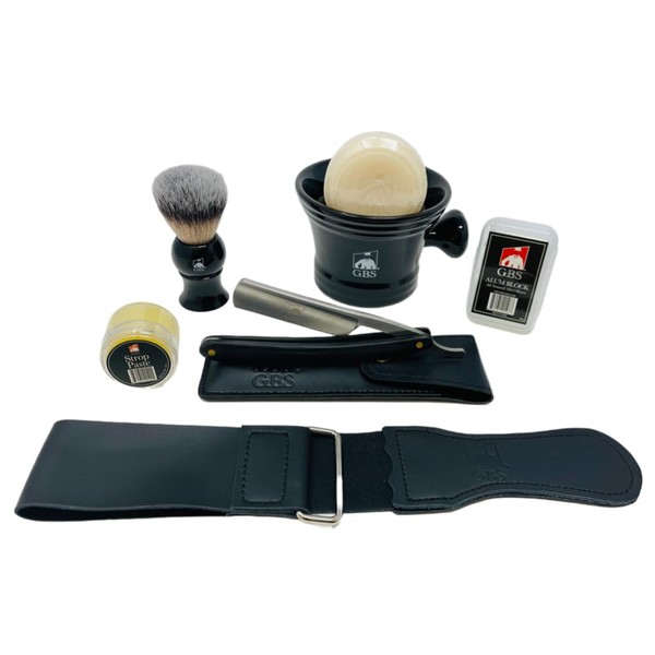 G.B.S Men's Shaving Set- Deluxe Straight Razor 6/8in Carbon Steel Razor, Shaving Mug, Synthetic Bristles Brush, Shaving Soap Razor Case, Alum Block and Strop