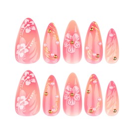 RUOKEXIN Pink Press on Nails Almond Fake Nails Gold Sparkly False Nails with 3D Flower Designs Medium Nail Press ons Acrylic Artificial Nails Cute Stick on Nails for Women 24Pcs