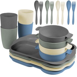 shopwithgreen Wheat Straw Dinnerware Cutlery Set, 20 PCS Kids Toddlers Divided Plates and Bowls Sets, Microwave Unbreakable Tableware Spoon Knife Cup, Dishwasher Safe for Kitchen Picnic School
