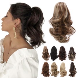 TESS Pferdeschwanz Clip Extensions, 30 cm Gewellt Pferdeschwanz Haarteil Hellbraun mit Aschblond hervorgehoben Haarverlängerungen für Zopf Synthetische für Frauen