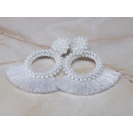 Fashion Jewelry White Beaded Tassel Statement Earrings