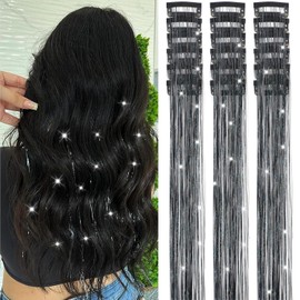 Nielp 18 Pcs Hair Tinsel Clip in, 20.5 Inch Glitter Tinsel Hair Extensions, Shiny Sparkling Fairy Hair Tinsel Clips, Dazzling Party Hair Accessories for Girls Women Kids (Black)