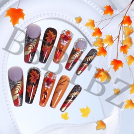 24 PCS Luxury Handmade Press on Nails Long Coffin Fake Nails with Rhinestones Designs Glitter Fall Leaves Press on Y2k False Nails Autumn with Maple Leaf Stick on Nails Thanksgiving for Women DIY