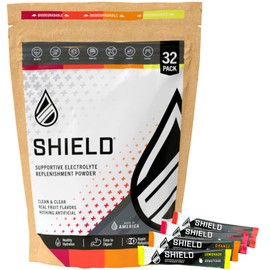 SHIELD 32ct All Natural Electrolyte Healthy Hydration Multiplier Powder Packets, Low Cal, Eco-Friendly Pouch, Water Booster Drink Mix For Rapid Dehydration Relief, Hangover Cure, Chemo, Easy Open Stick Singles