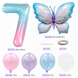 Yunchu Online 7. Geburtstag Dekoration Mädchen Gradient Schmetterling Ballons Deko 7 Jahre Schmetterling Geburtstag Party Set Große Schmetterling Folienballon für Schmetterling Party Supplies