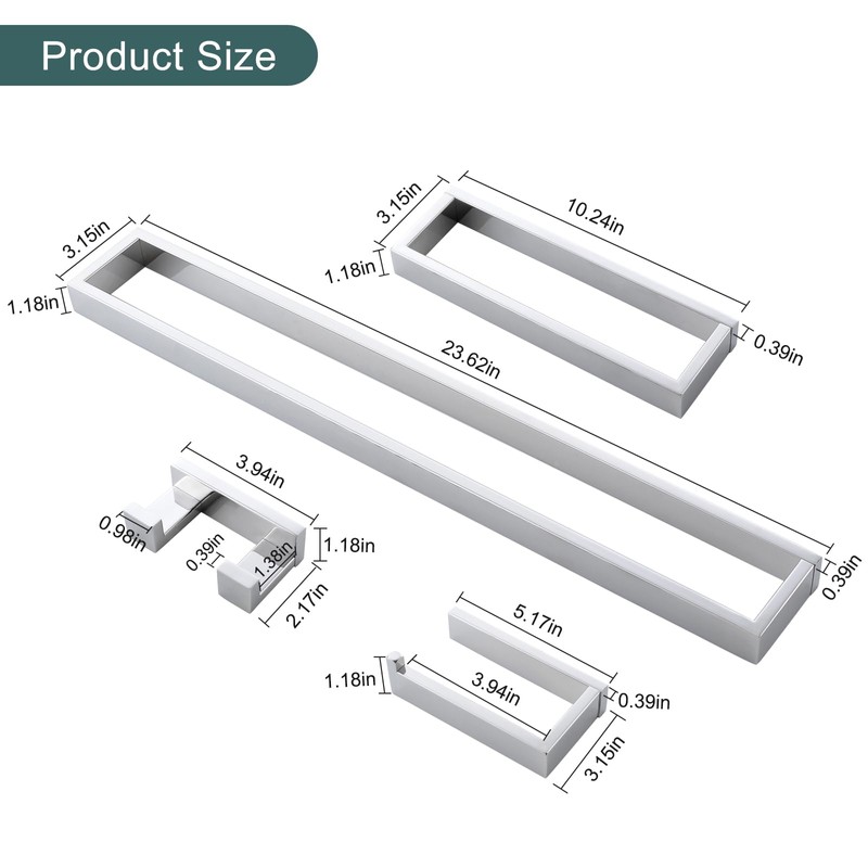 TNOMS 4-Pieces Bathroom Hardware Set, Polished Chrome Towel Bar Set,